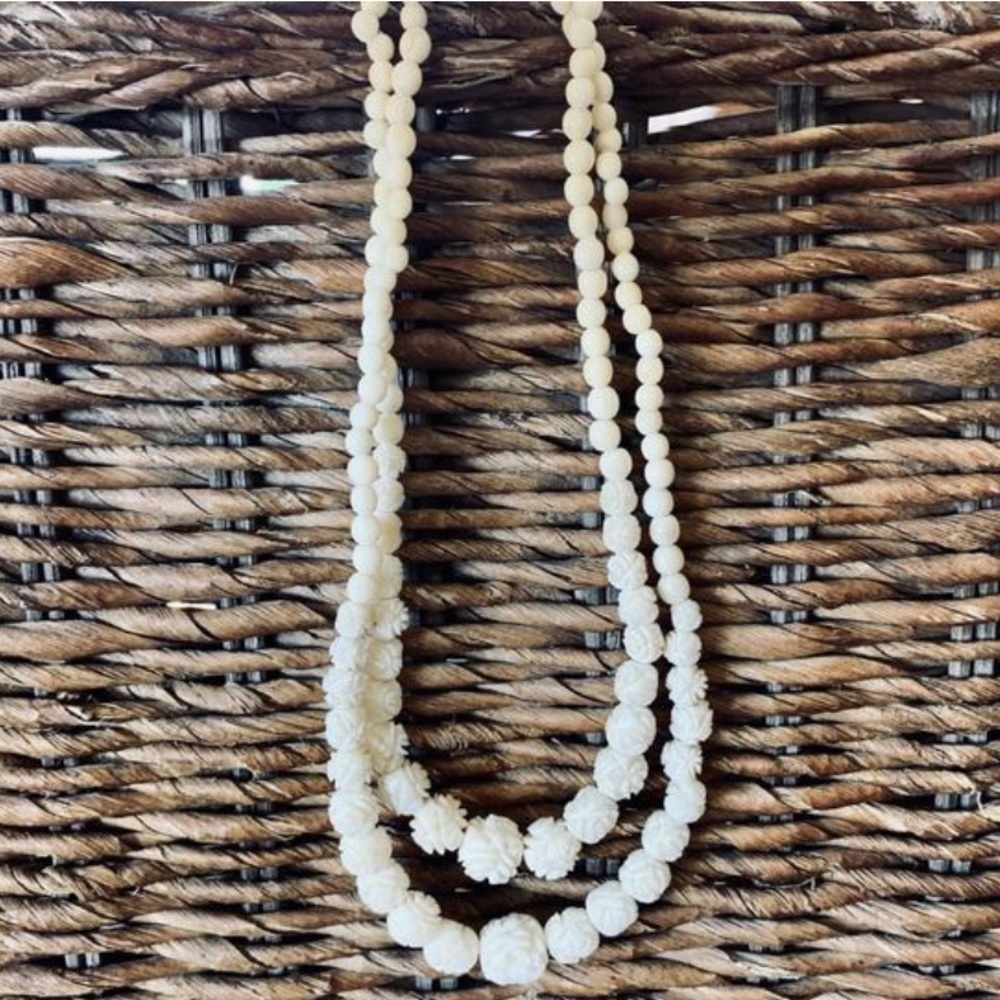 Vintage rose carved bone bead 2 tiered nechlace